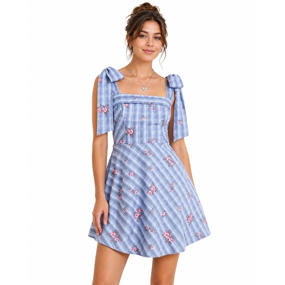 Francesca's Annie Bow Strap Floral Mini Dress Blue Size XL New With Tags